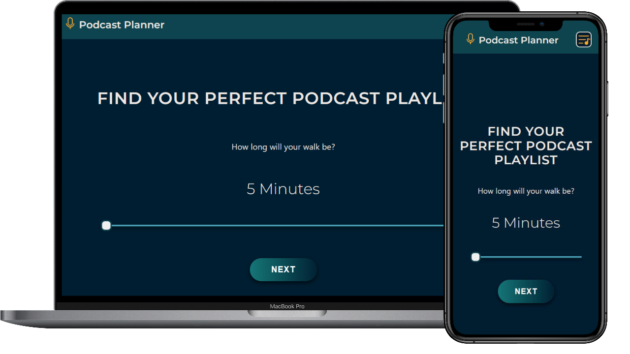 The Podcast Planner website displayed on a MacBook and iPhone