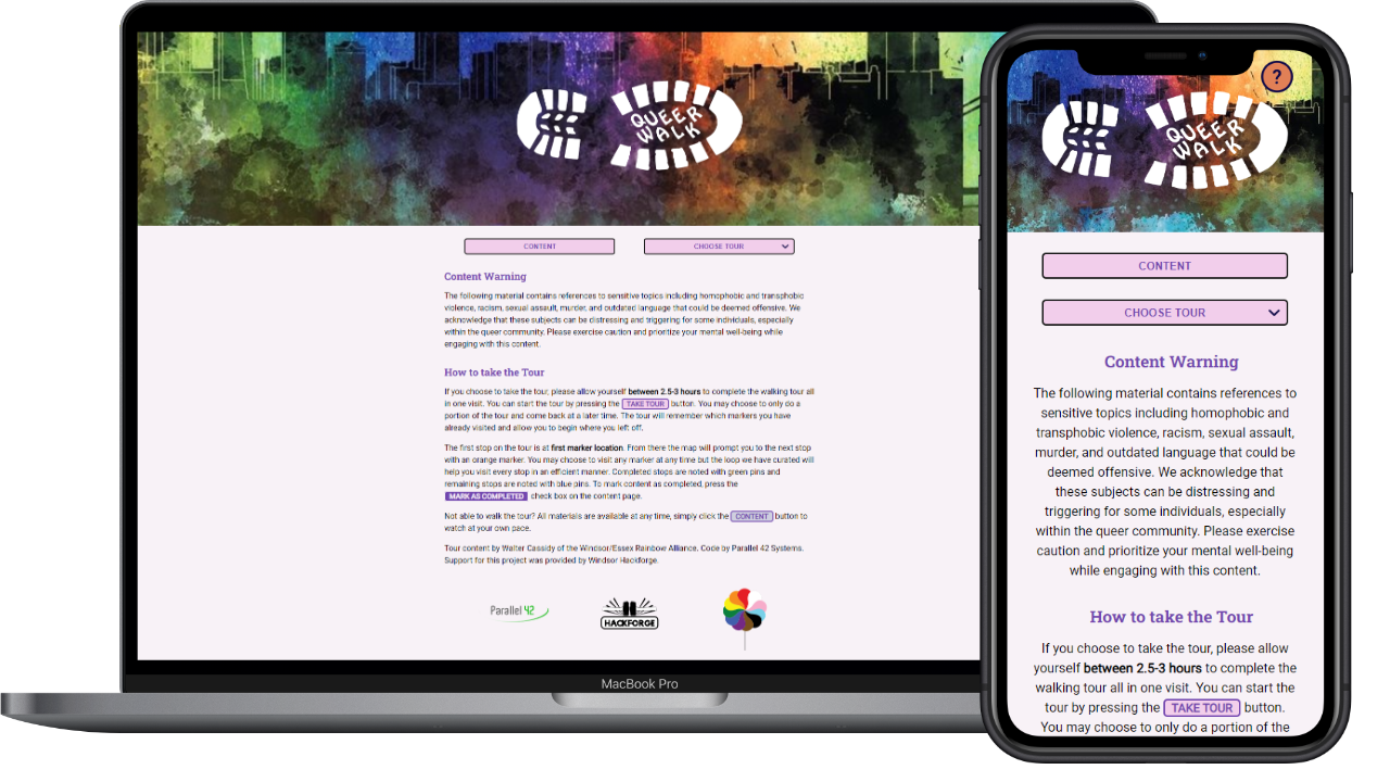 The Queer Walk website displayed on a MacBook and iPhone